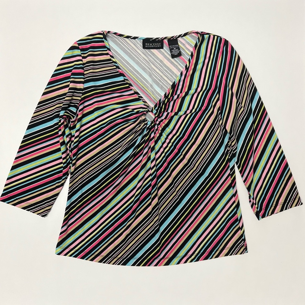 Y2K New York & Company Retro V-Neck O Ring Knit Top Medium 3/4 Sleeve